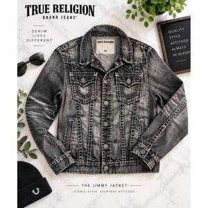 True Religion Jimmy Super T Denim Jacket Men's M Black Gray Horseshoe Y2K